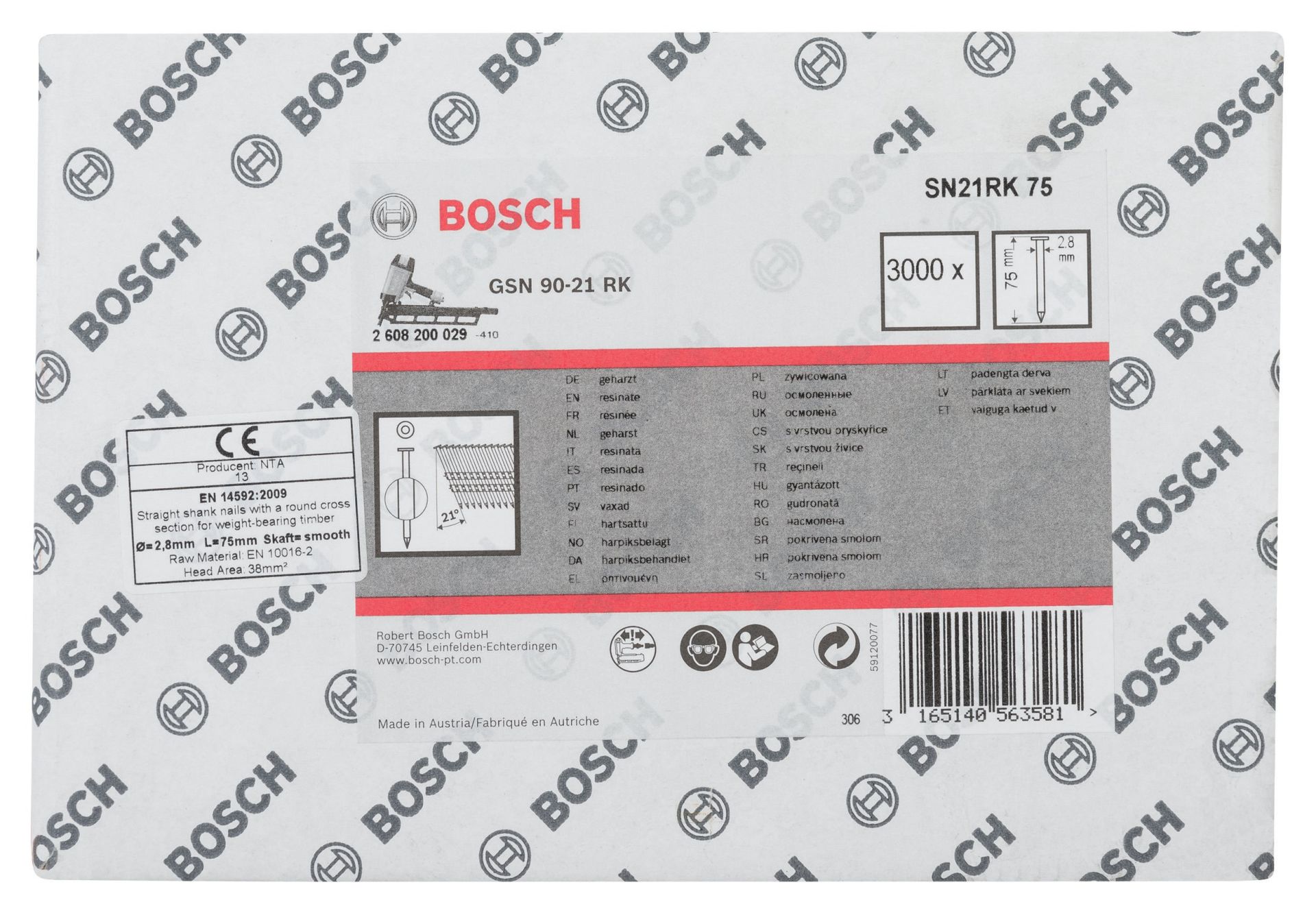 Bosch GSN 90-21DK Çivi  75mm 3000li Düz Parlak