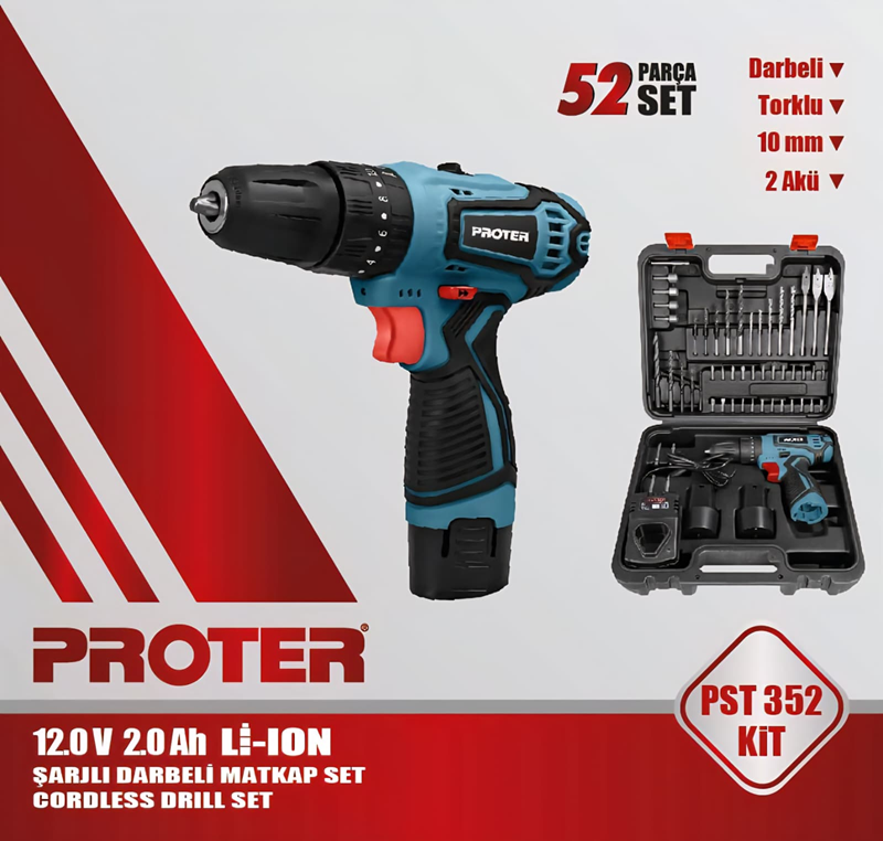 Proter PST 352 KİT  12V 2.0Ah Li-ion Pil 2 Vts Darb.Şarjlı (52 Parça Set)