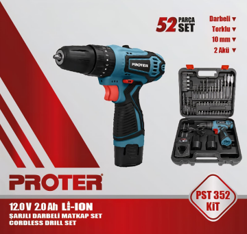 Proter PST 352 KİT  12V 2.0Ah Li-ion Pil 2 Vts Darb.Şarjlı (52 Parça Set)