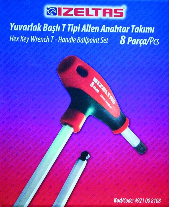 Yuvarlak Başlı T Tipi Allen Anahtar Takımı 8 Parça