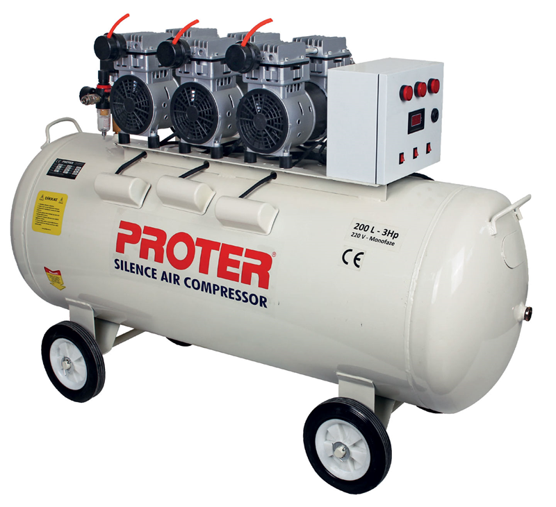 Proter PR 203 S Sessiz-Yağsız 200 LT 3HP Monofaze 8 Bar Hava Kompresörü